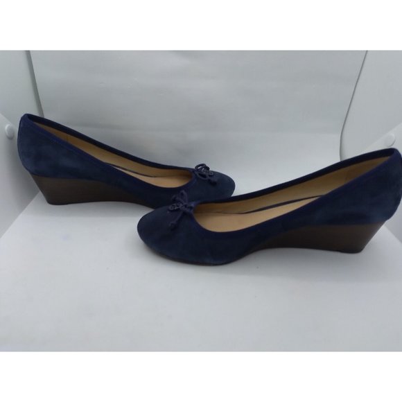 Tory Burch Blue Leather Suede Chelsea Wedge Heels Bow Logo Round Toe 7M - Picture 13 of 15